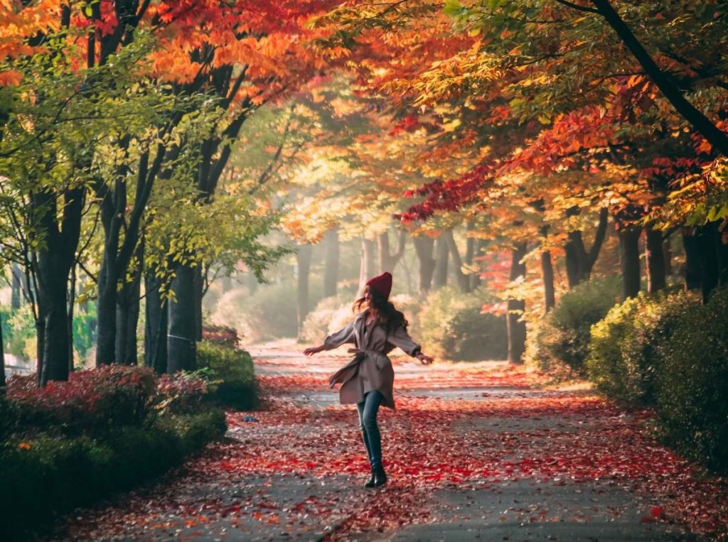 Una donna danza sotto gli alberi che perdono le loro foglie